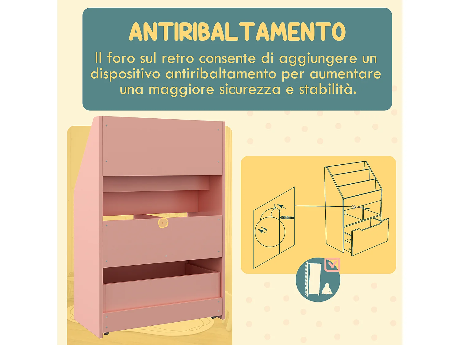 Piccola libreria per bambini con ripiani e cassetto in mdf rosa