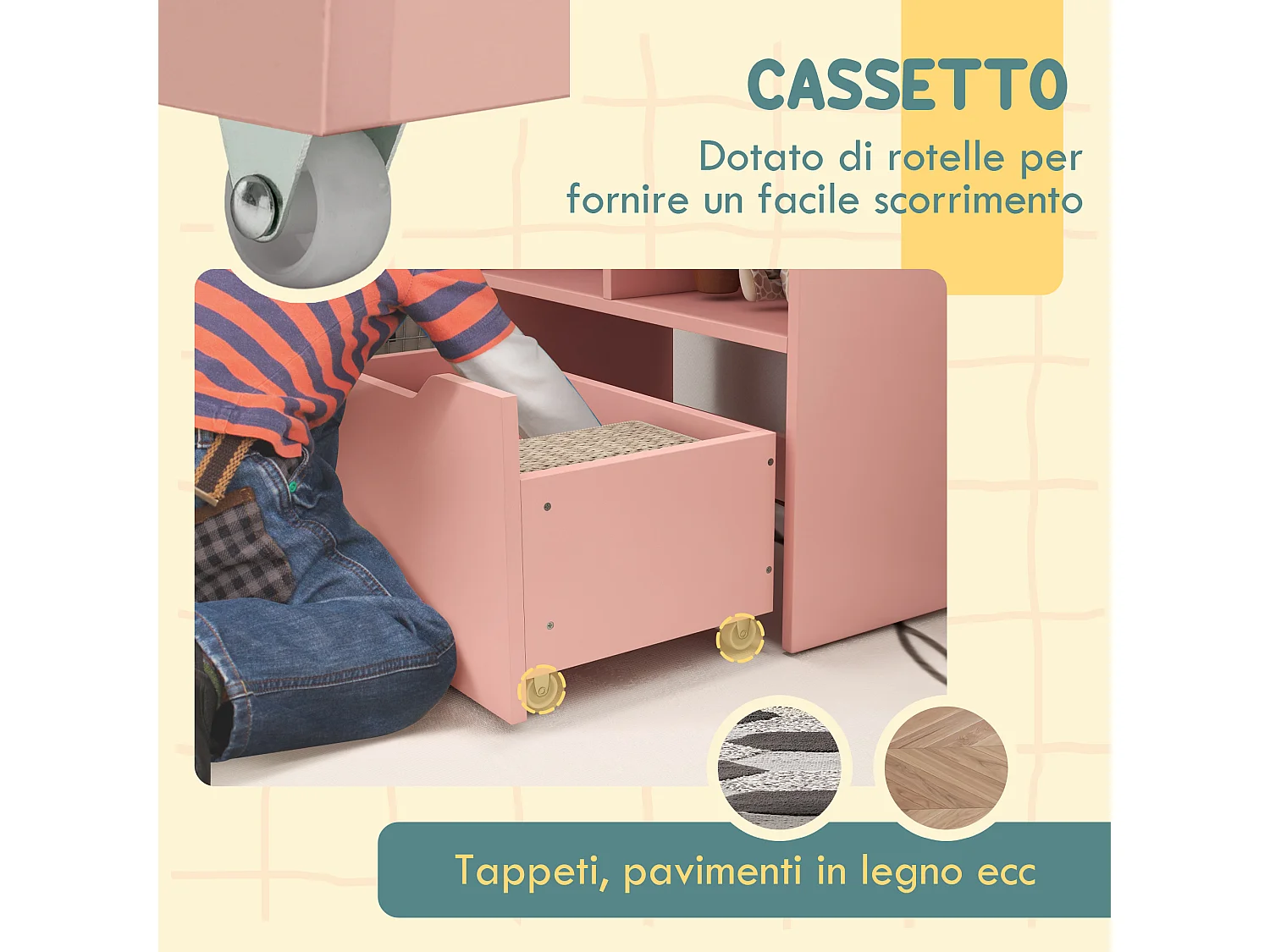Piccola libreria per bambini con ripiani e cassetto in mdf rosa