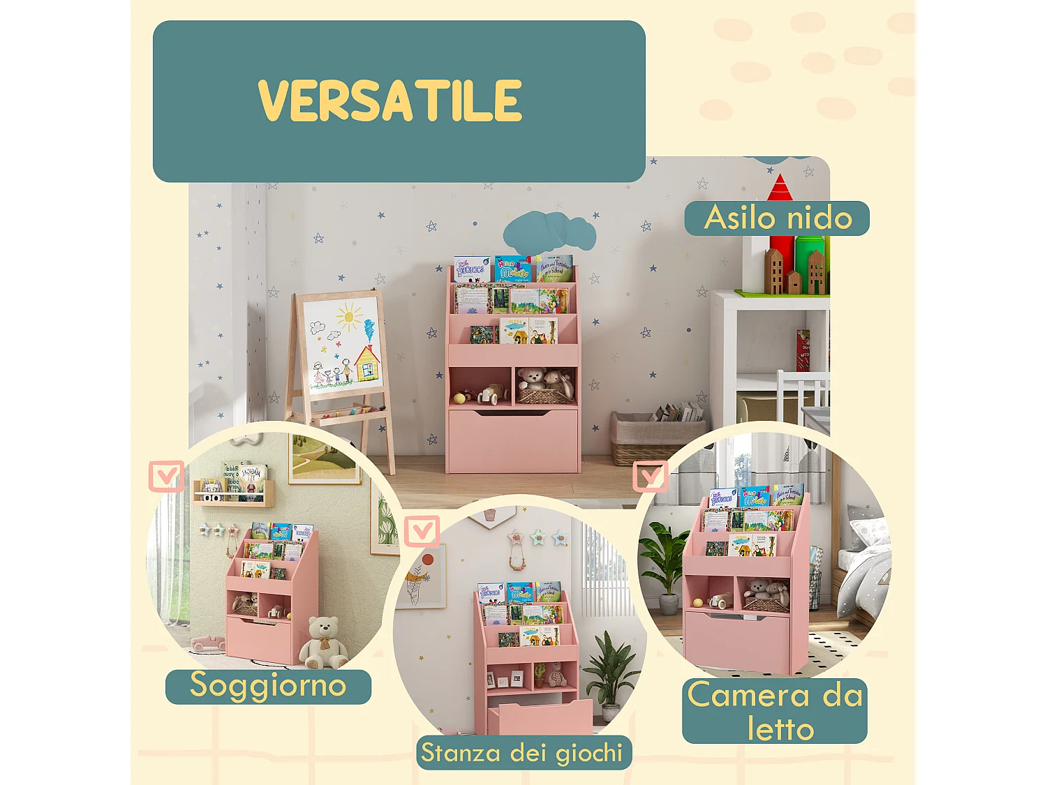 Piccola libreria per bambini con ripiani e cassetto in mdf rosa