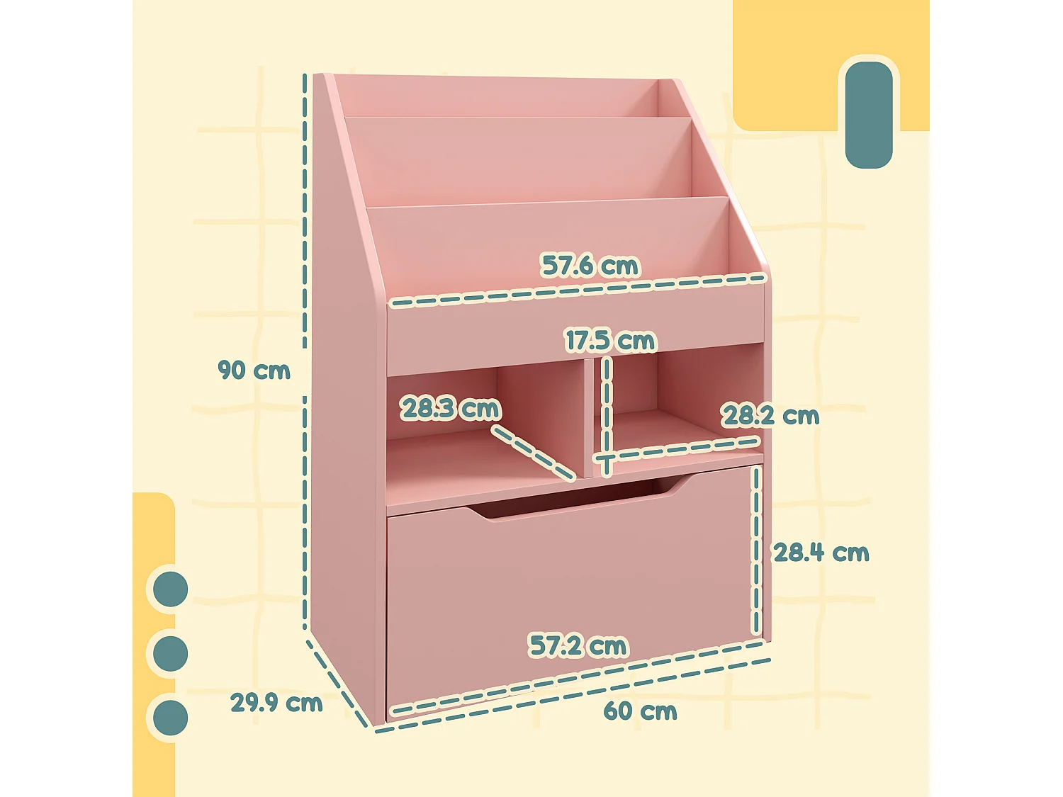 Piccola libreria per bambini con ripiani e cassetto in mdf rosa