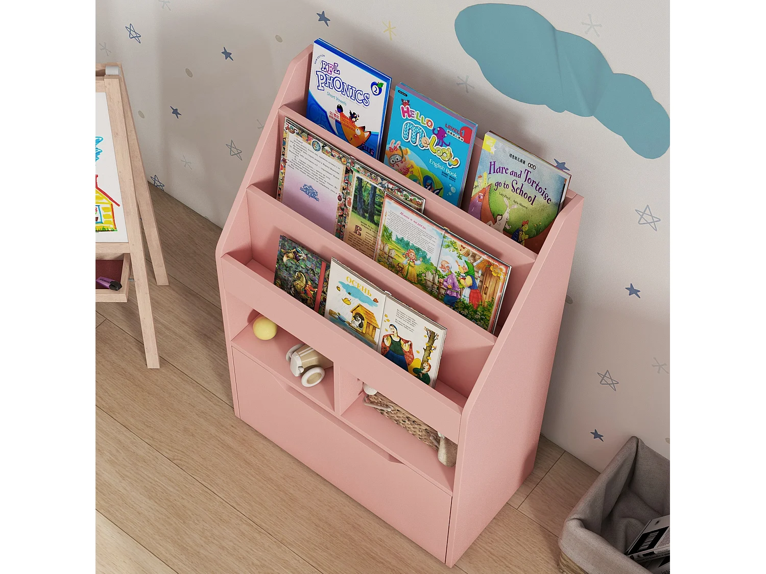 Piccola libreria per bambini con ripiani e cassetto in mdf rosa