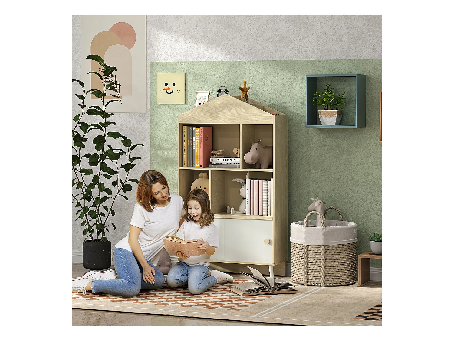 Libreria per bambini con ripiani aperti armadietto inferiore in legno