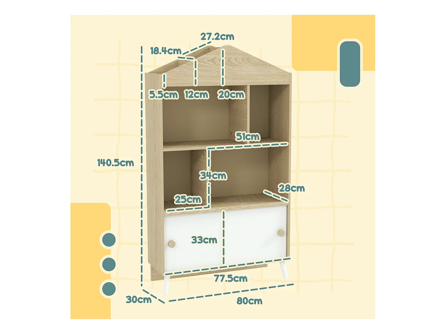 Libreria per bambini con ripiani aperti armadietto inferiore in legno
