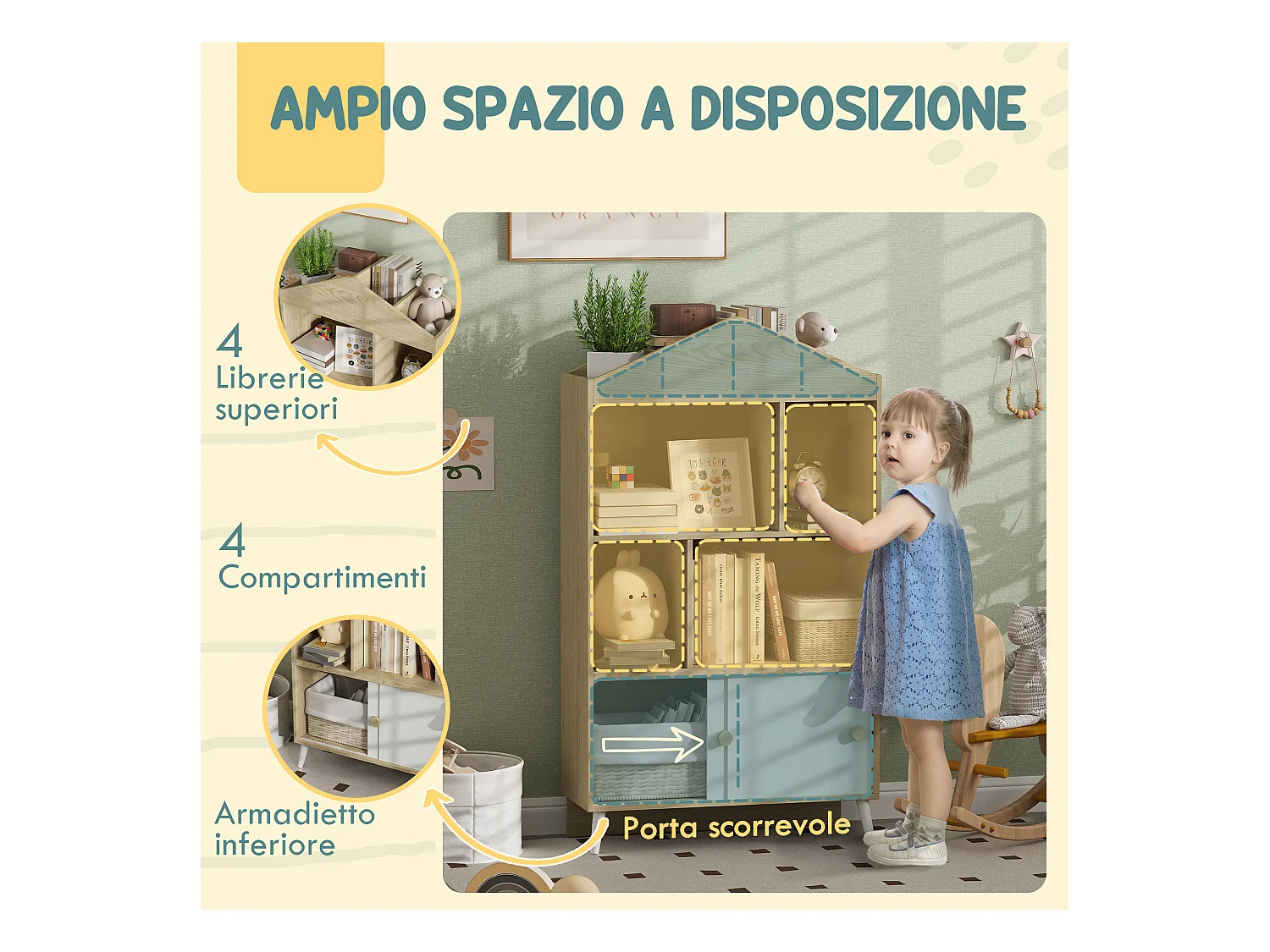 Libreria per bambini con ripiani aperti armadietto inferiore in legno