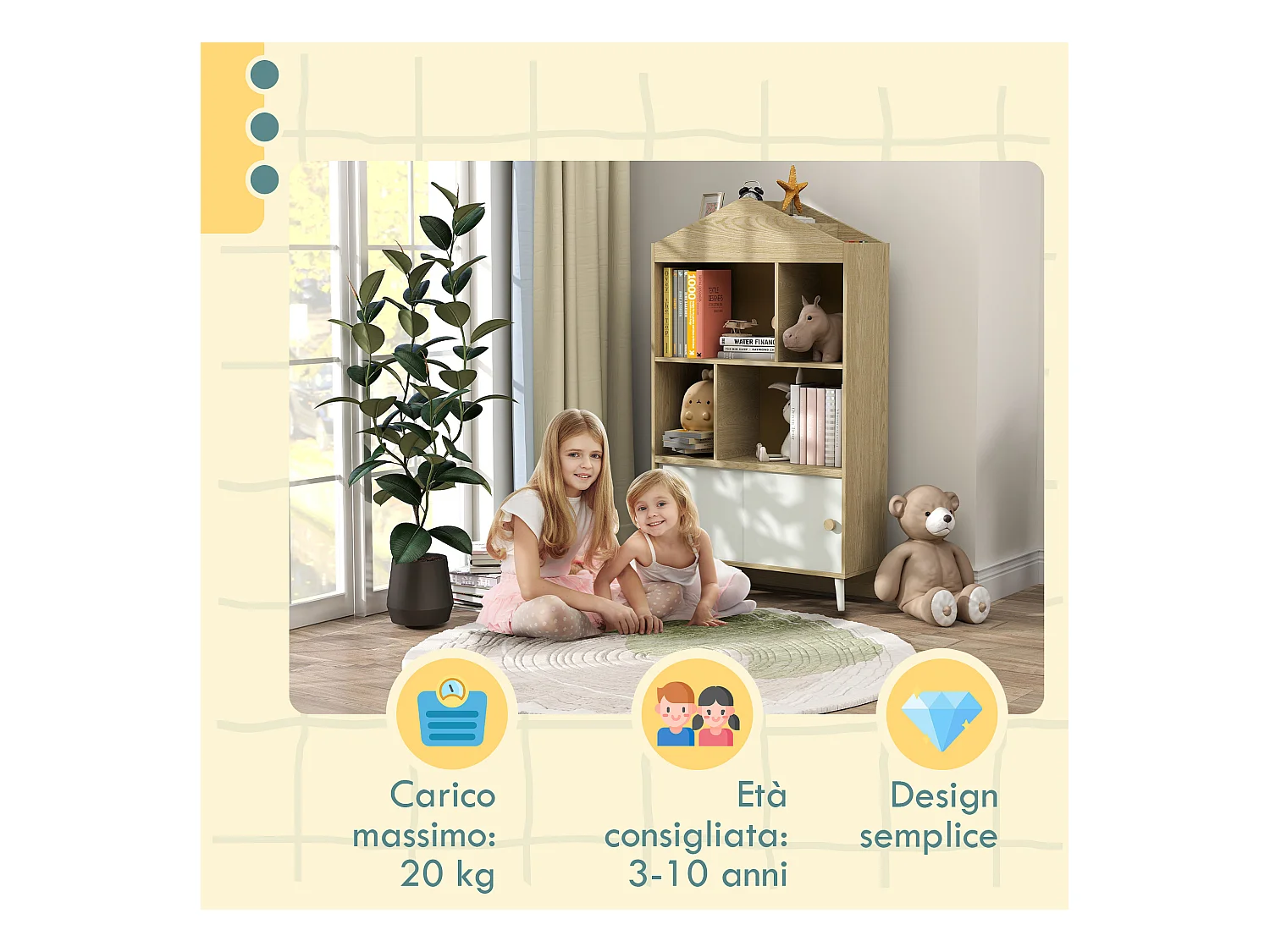 Libreria per bambini con ripiani aperti armadietto inferiore in legno