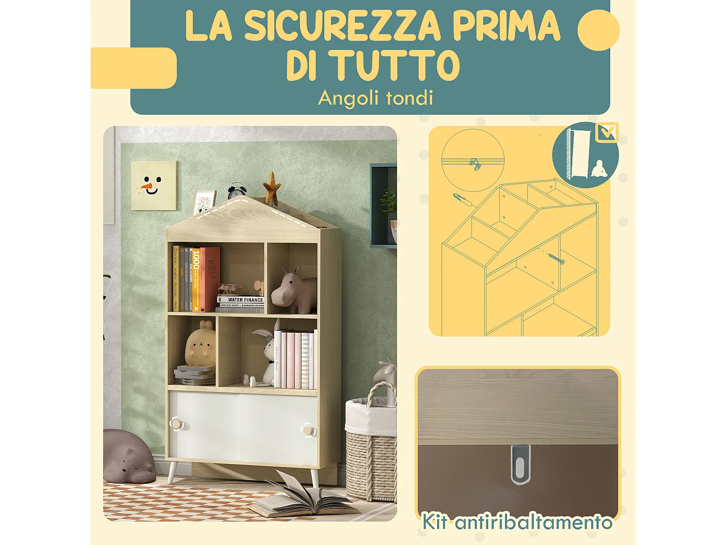 Libreria per bambini con ripiani aperti armadietto inferiore in legno
