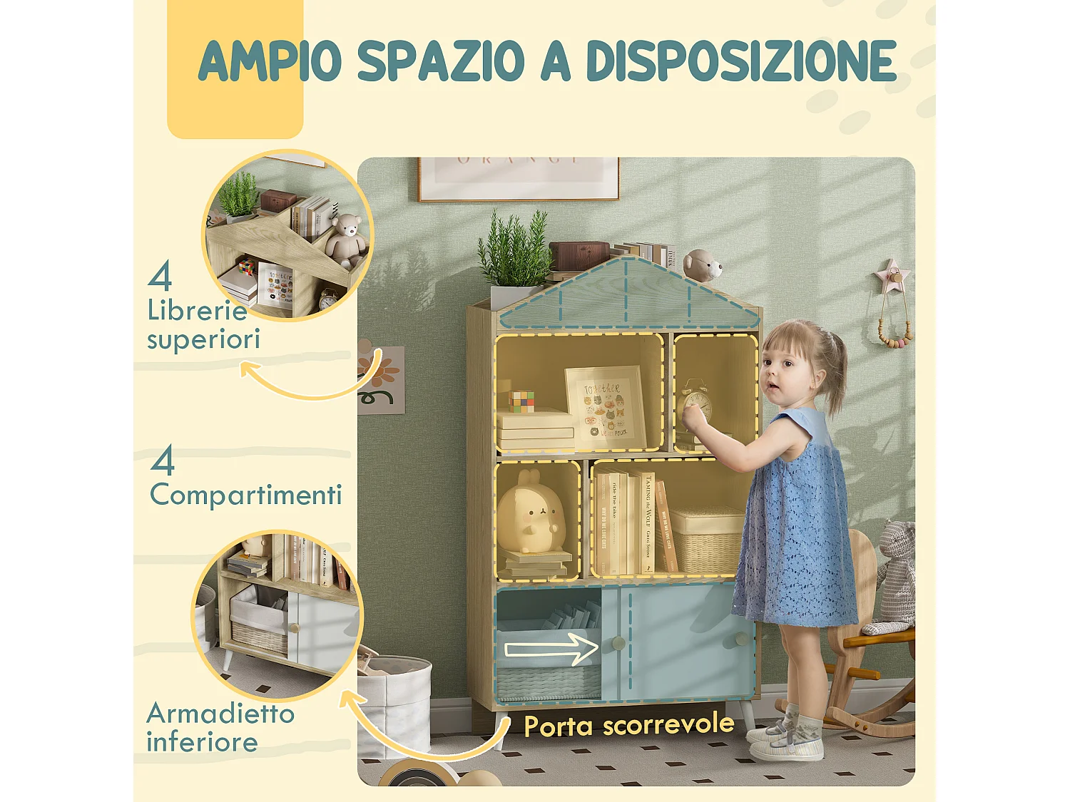 Libreria per bambini con ripiani aperti armadietto inferiore in legno
