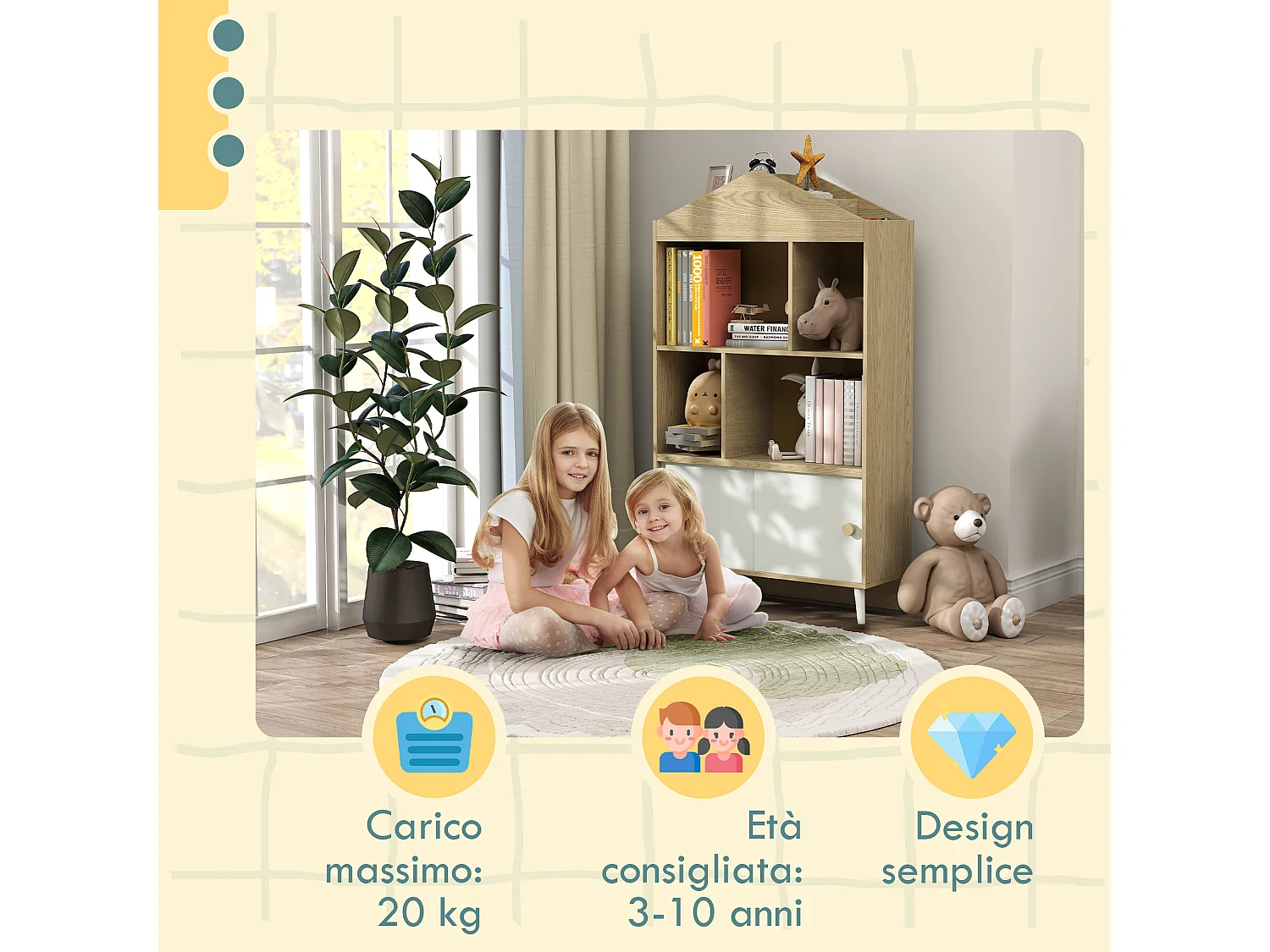Libreria per bambini con ripiani aperti armadietto inferiore in legno