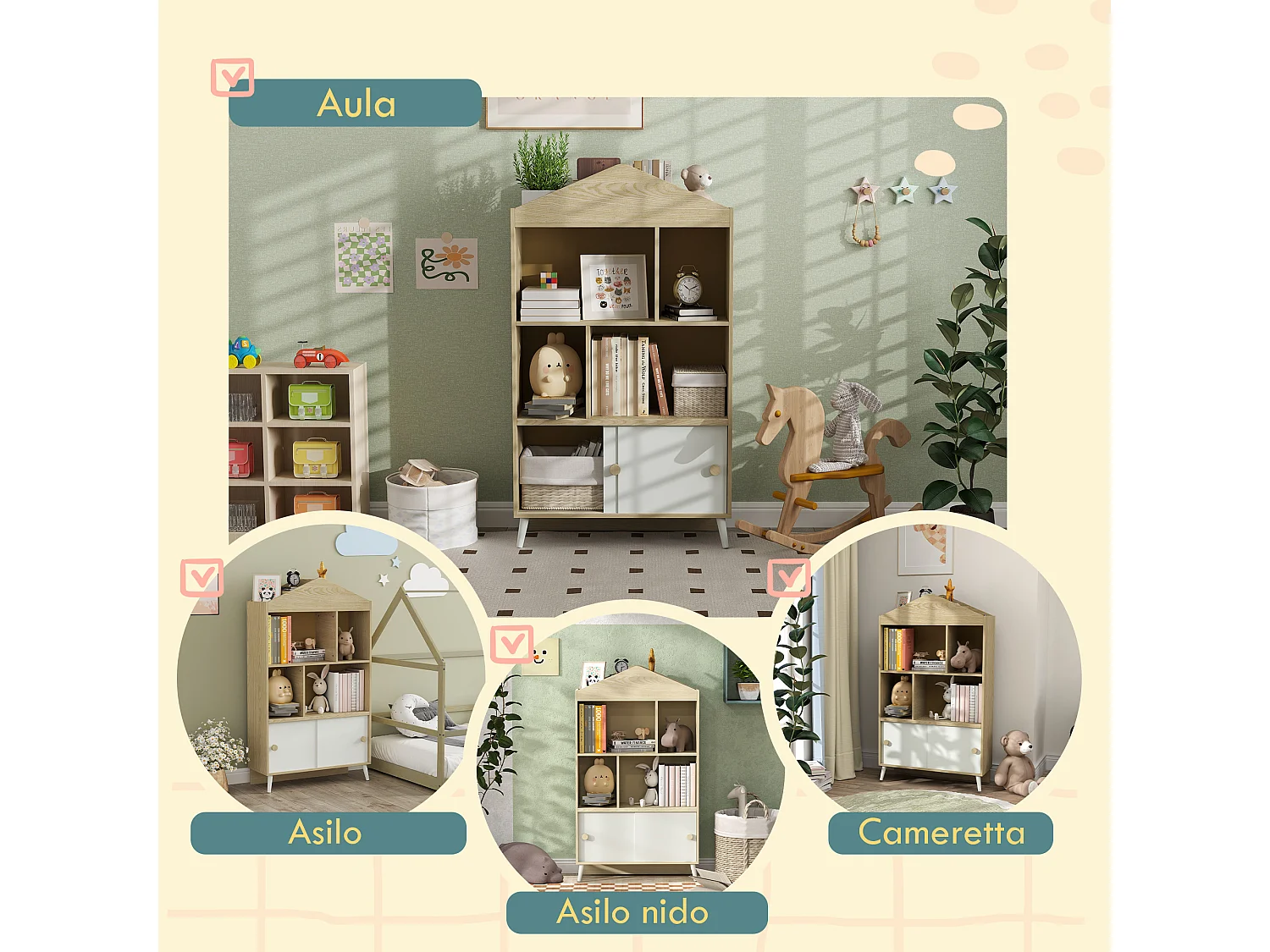 Libreria per bambini con ripiani aperti armadietto inferiore in legno