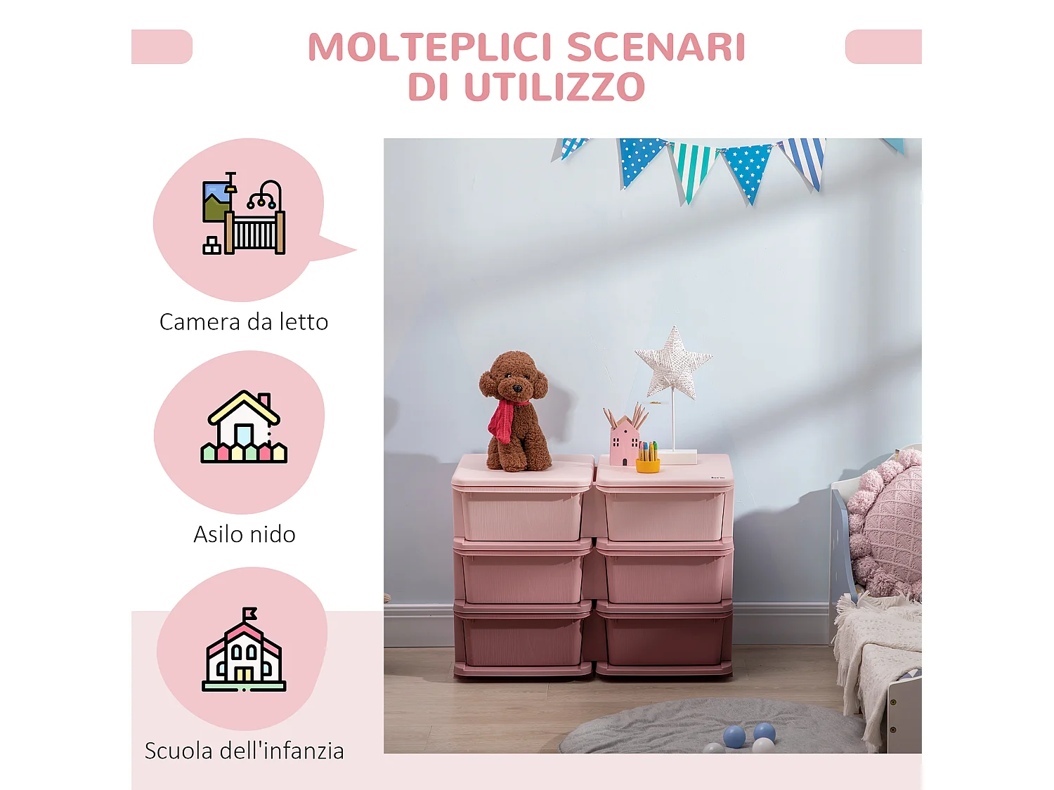 Cassettiera 6 cassetti per bambini con bordi arrotondati in pp rosa
