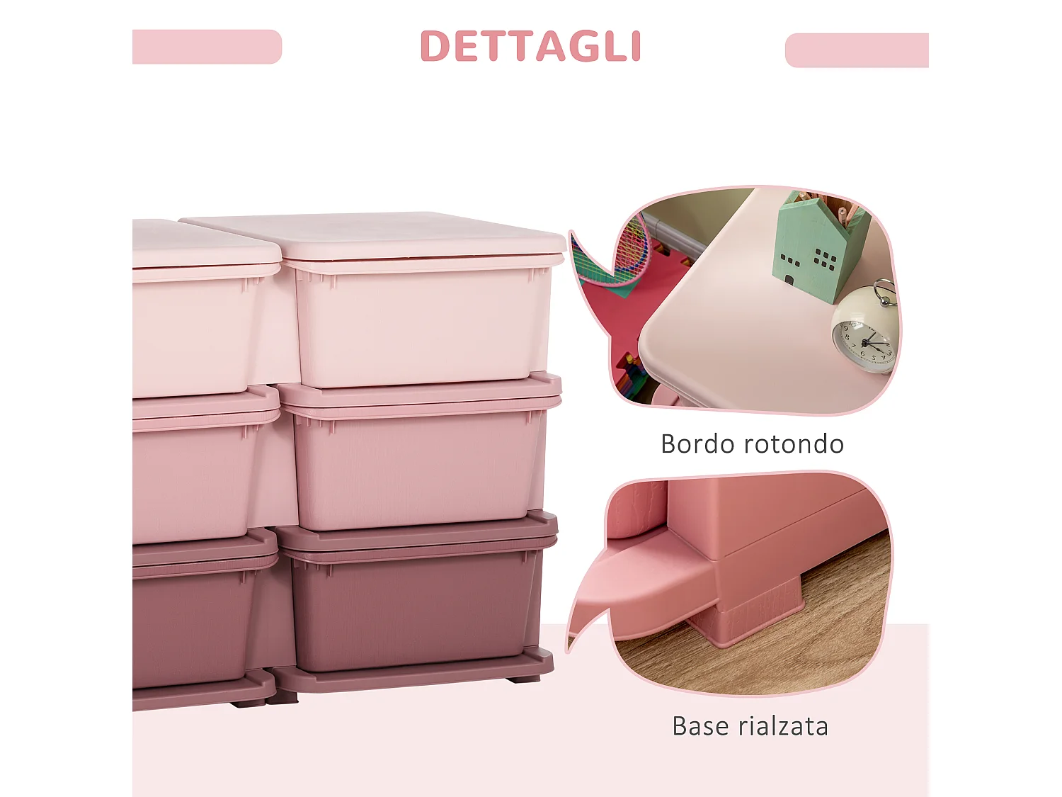 Cassettiera 6 cassetti per bambini con bordi arrotondati in pp rosa