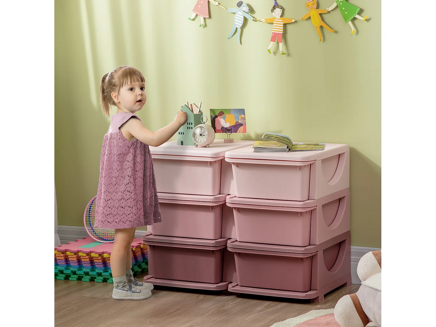 Cassettiera 6 cassetti per bambini con bordi arrotondati in pp rosa