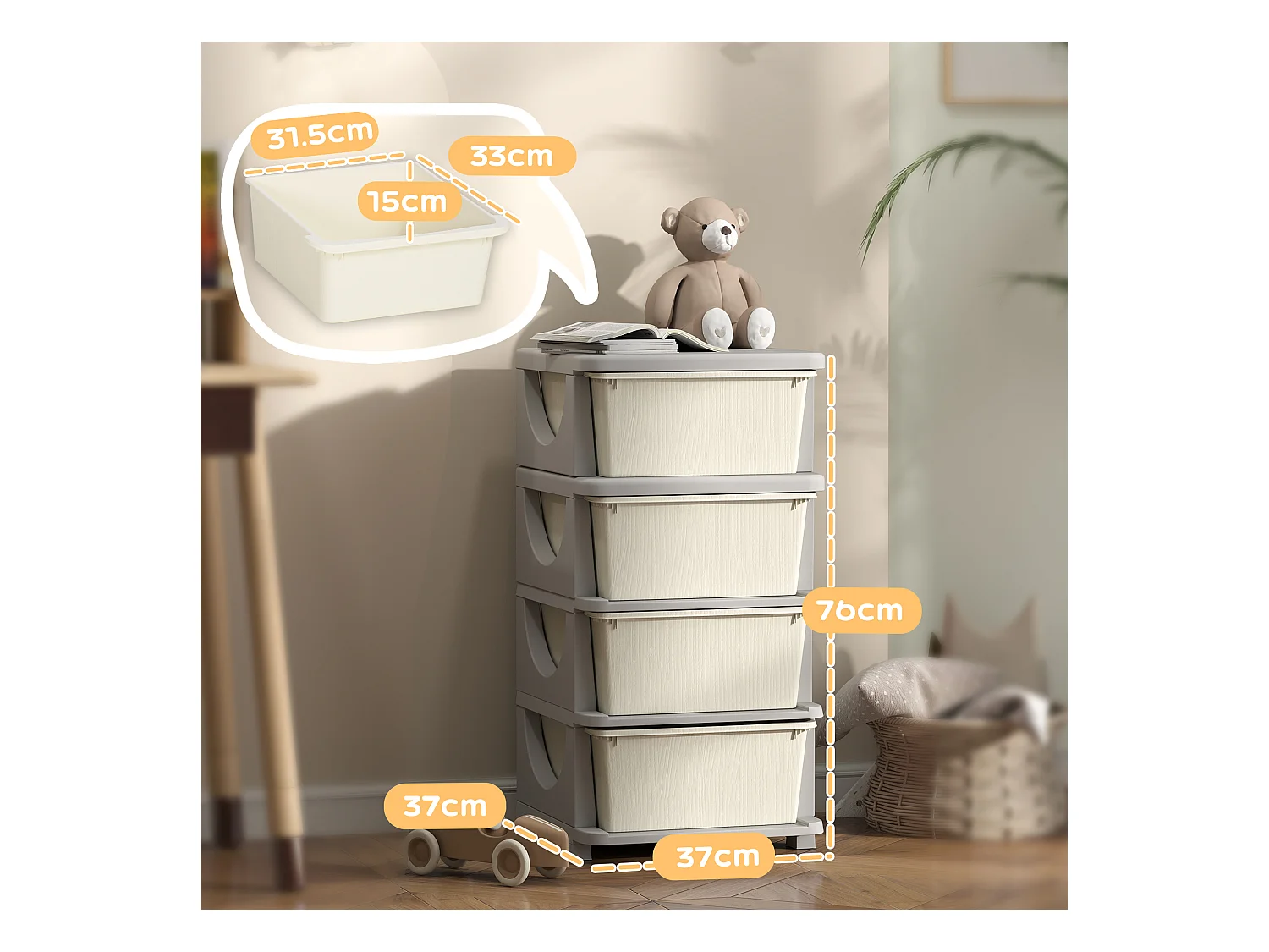 Cassettiera in plastica colorata 4 cassetti per bambini crema