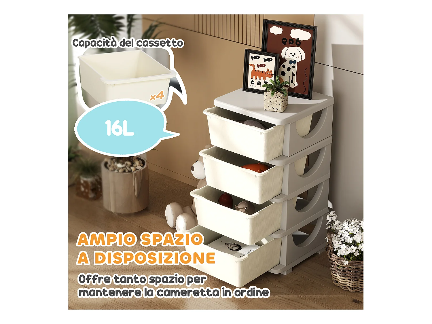 Cassettiera in plastica colorata 4 cassetti per bambini crema