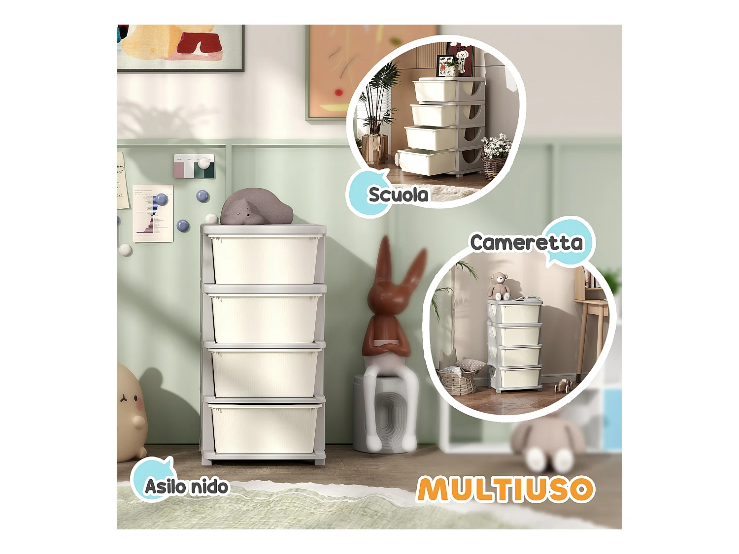 Cassettiera in plastica colorata 4 cassetti per bambini crema