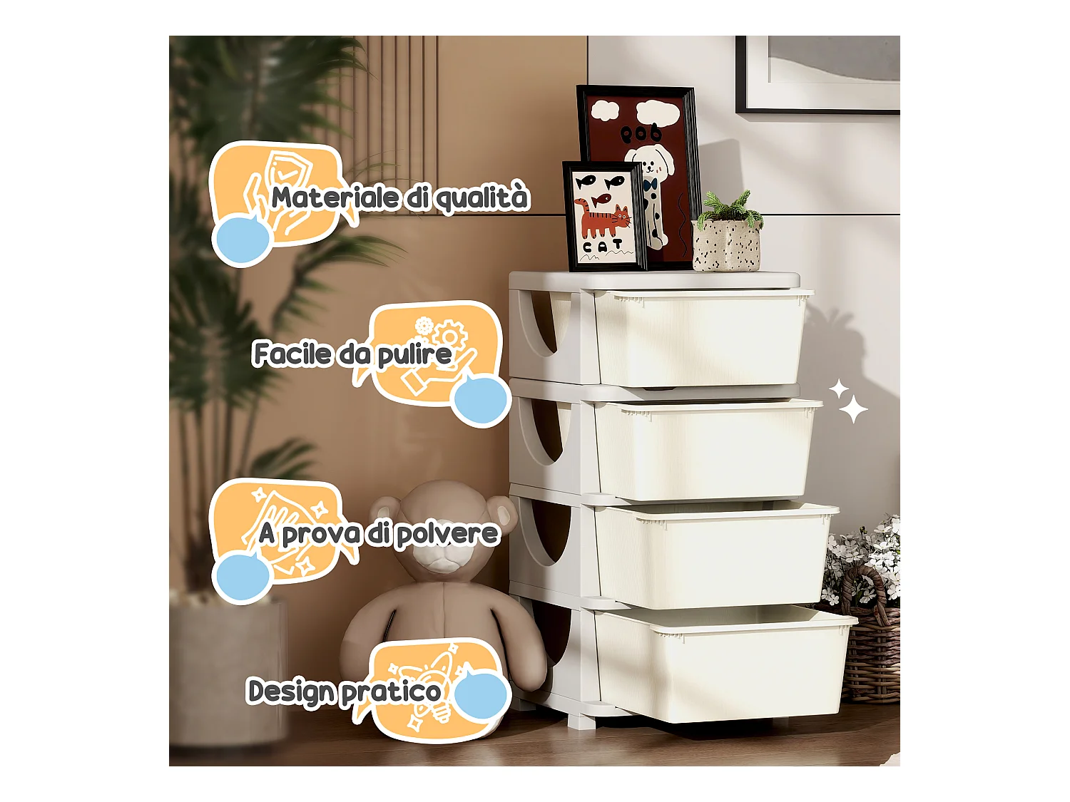 Cassettiera in plastica colorata 4 cassetti per bambini crema