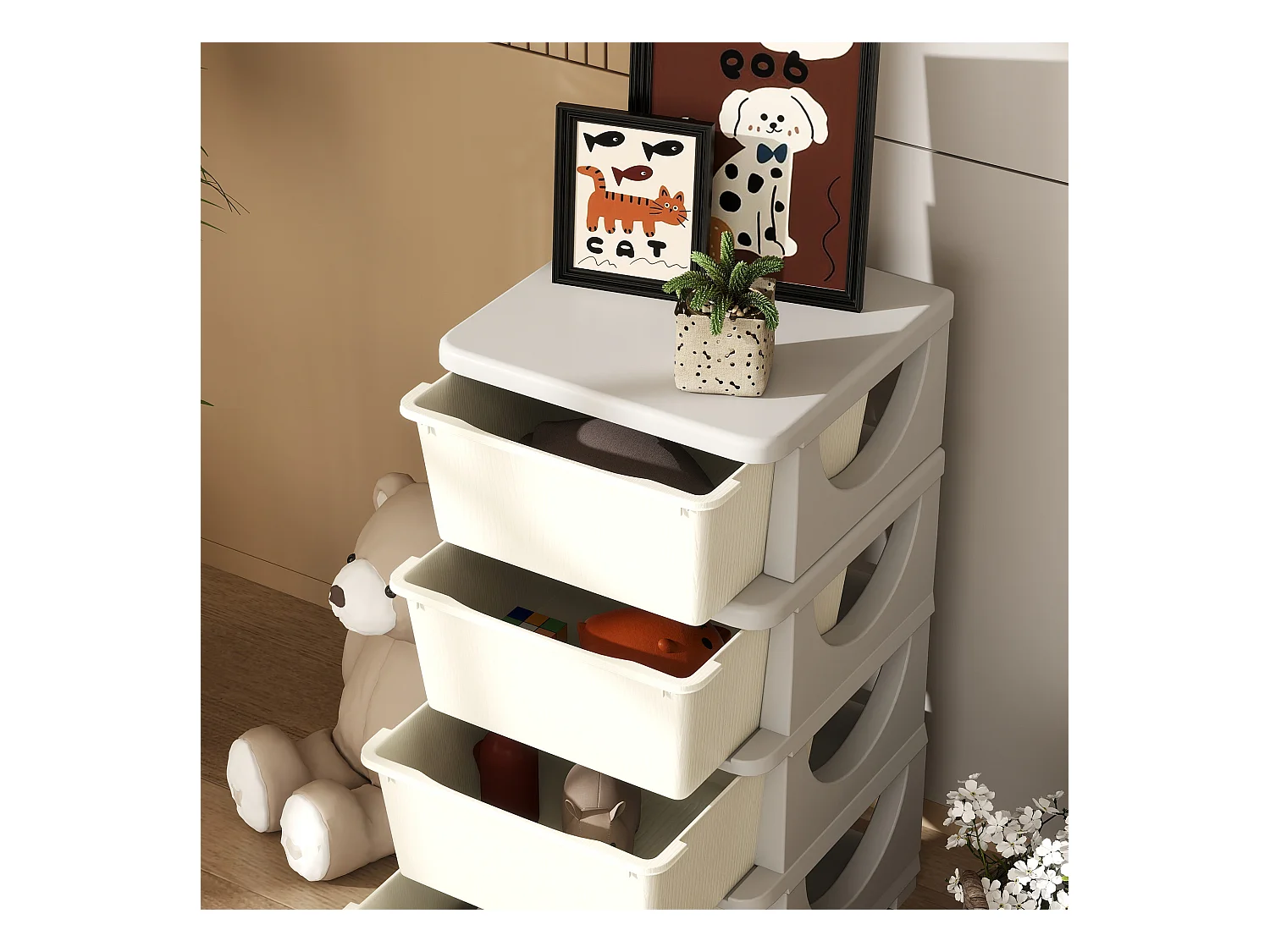 Cassettiera in plastica colorata 4 cassetti per bambini crema