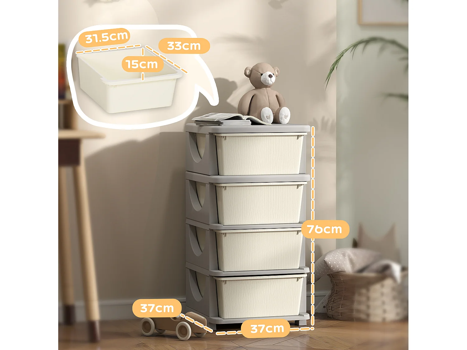 Cassettiera in plastica colorata 4 cassetti per bambini crema