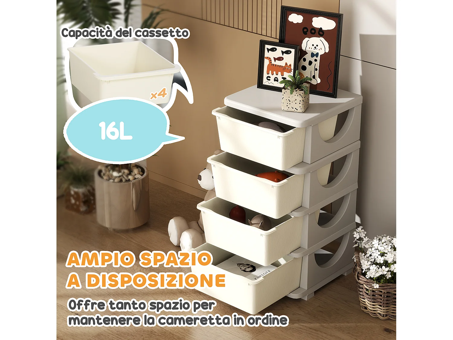Cassettiera in plastica colorata 4 cassetti per bambini crema