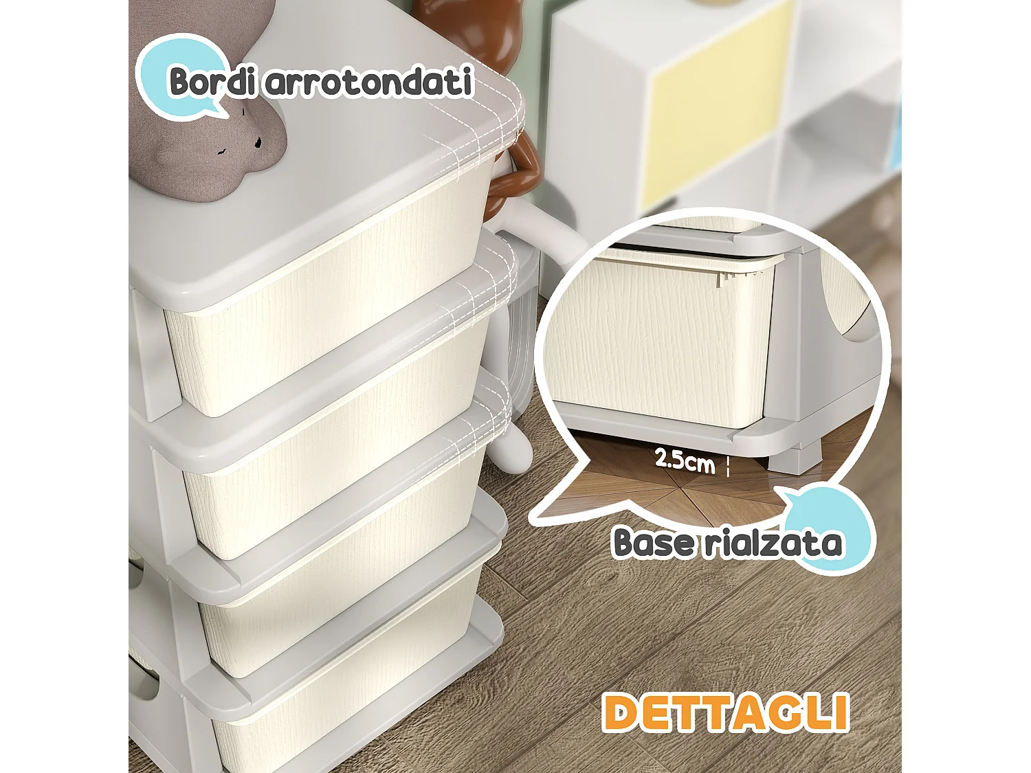 Cassettiera in plastica colorata 4 cassetti per bambini crema