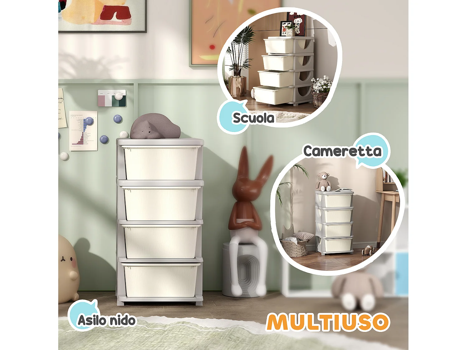 Cassettiera in plastica colorata 4 cassetti per bambini crema