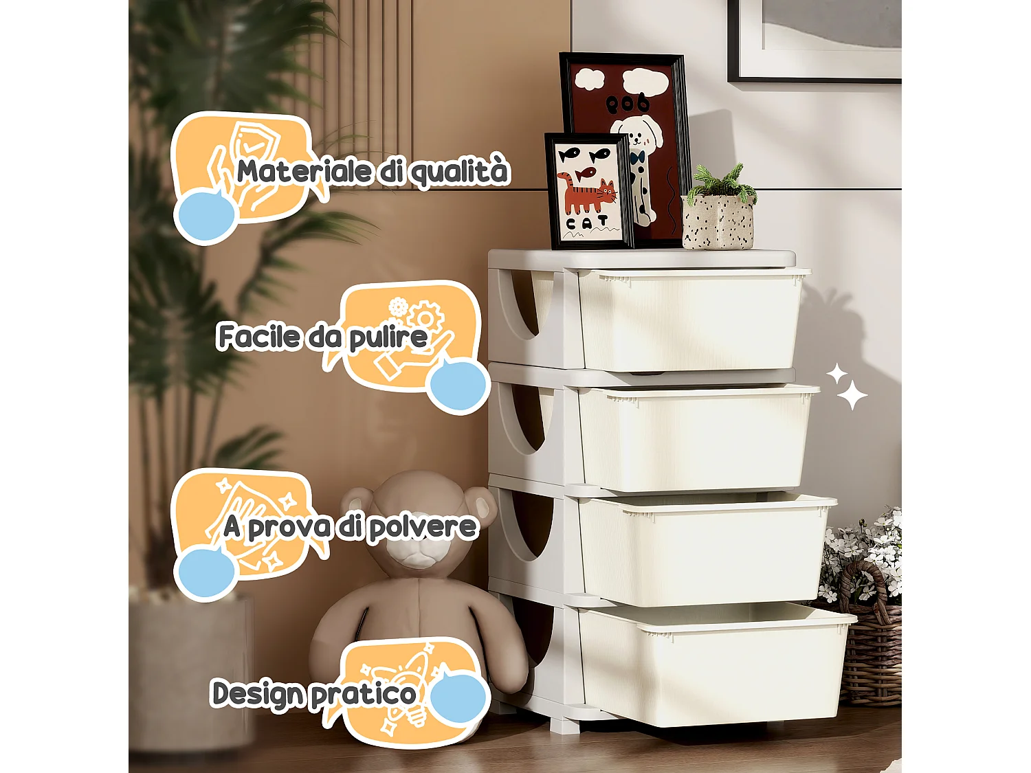 Cassettiera in plastica colorata 4 cassetti per bambini crema