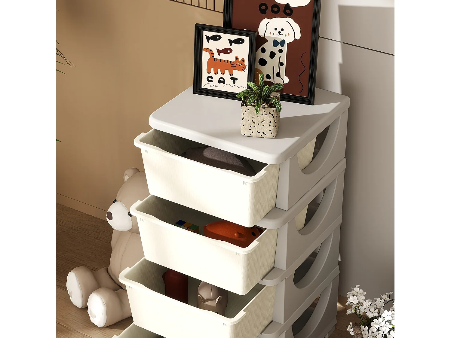 Cassettiera in plastica colorata 4 cassetti per bambini crema