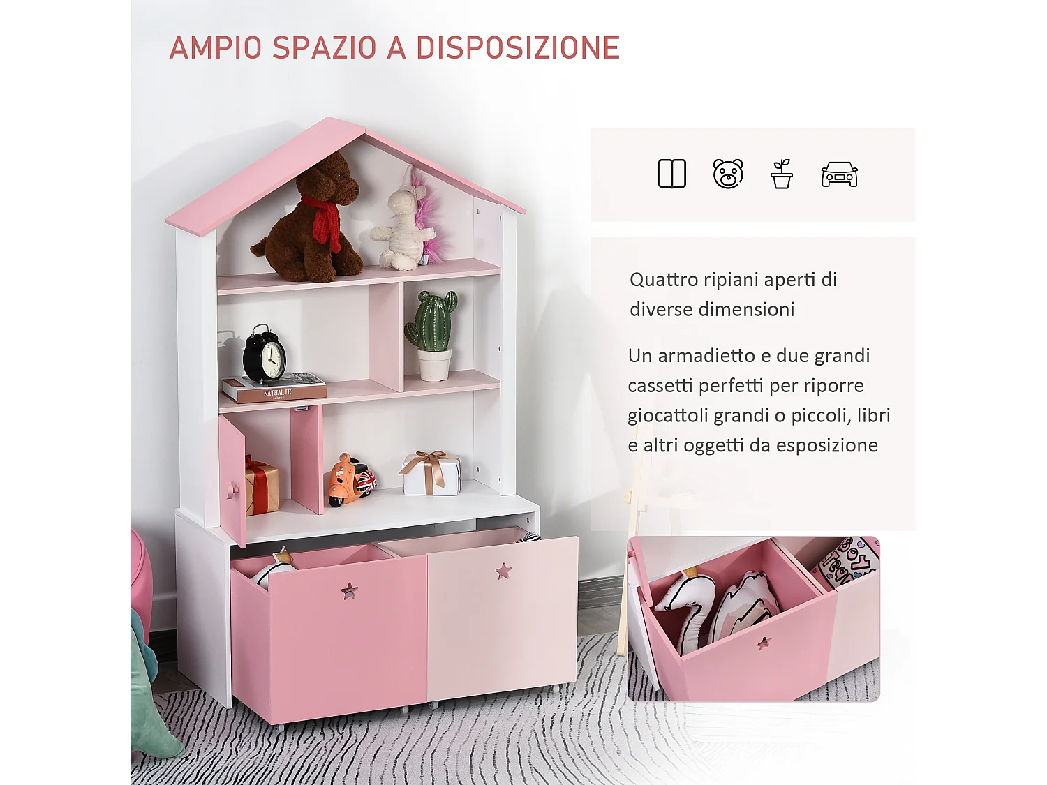 Libreria scaffale portagiochi per cameretta bambini mdf p2 rosa