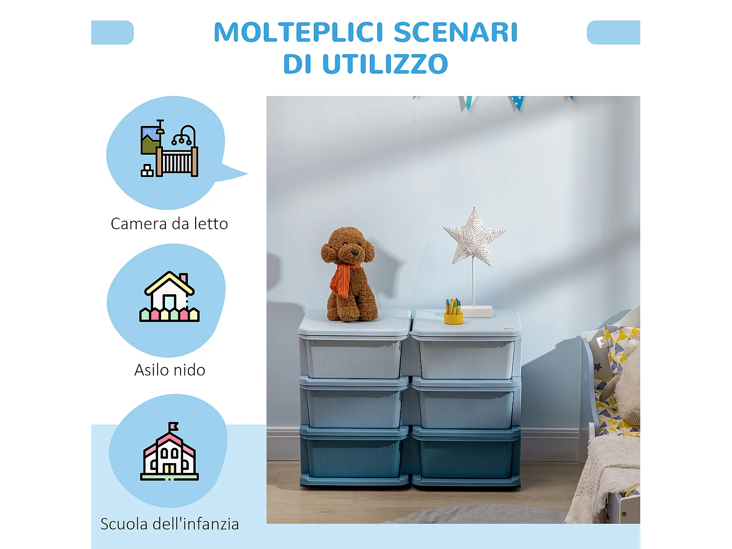 Cassettiera 6 cassetti per bambini con bordi arrotondati in pp blu