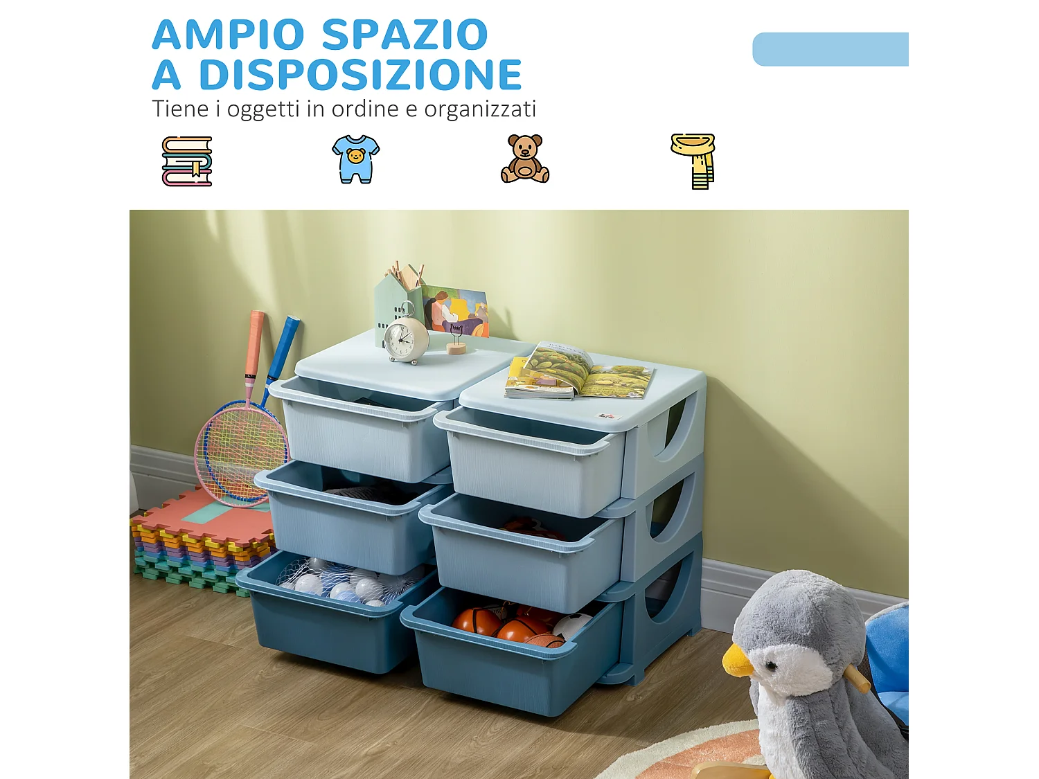 Cassettiera 6 cassetti per bambini con bordi arrotondati in pp blu