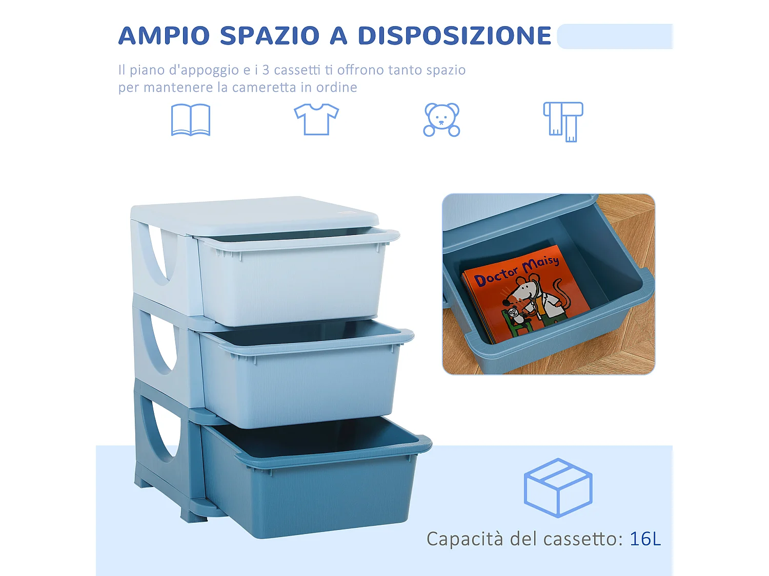Cassettiera in plastica colorata 3 cassetti 37x37x56.5cm blu