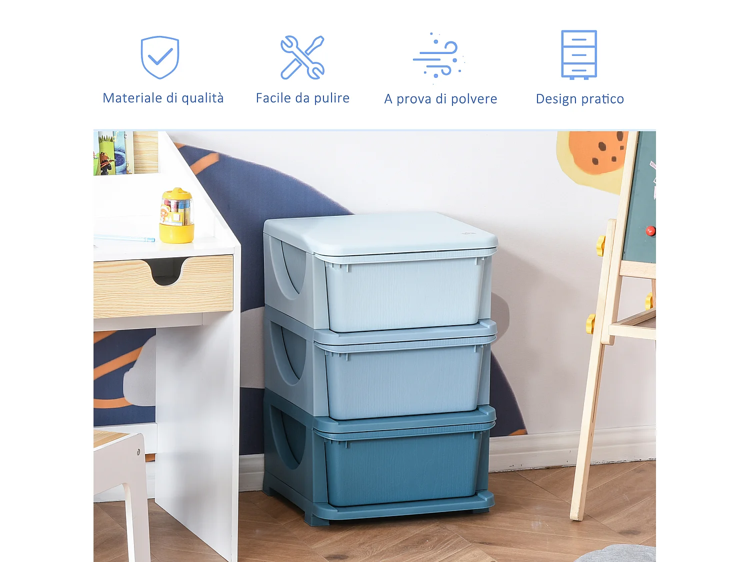 Cassettiera in plastica colorata 3 cassetti 37x37x56.5cm blu