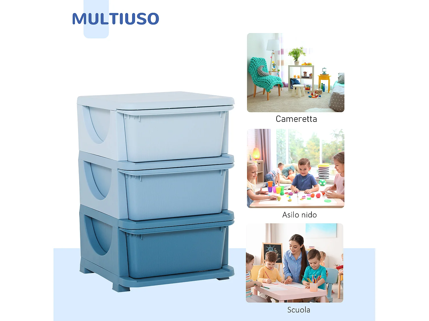 Cassettiera in plastica colorata 3 cassetti 37x37x56.5cm blu