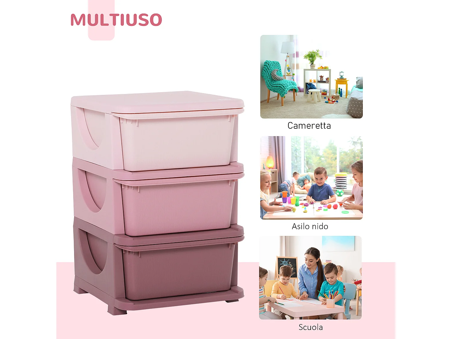 Cassettiera in plastica colorata 3 cassetti 37x37x56.5cm rosa