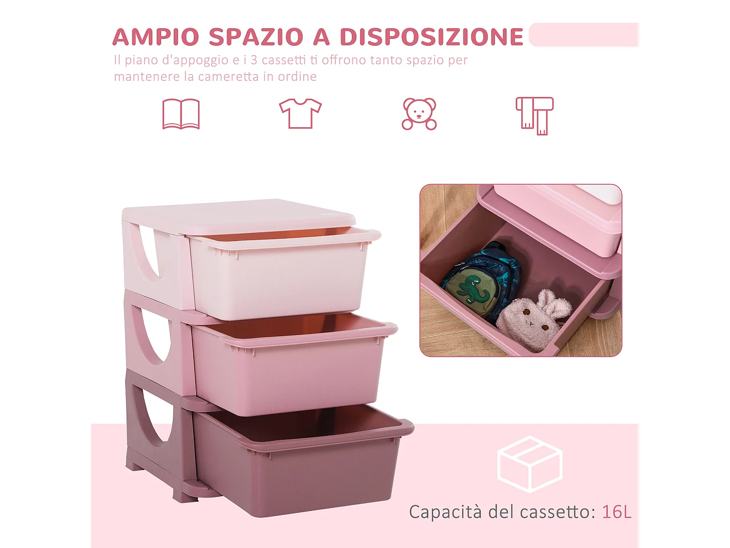 Cassettiera in plastica colorata 3 cassetti 37x37x56.5cm rosa