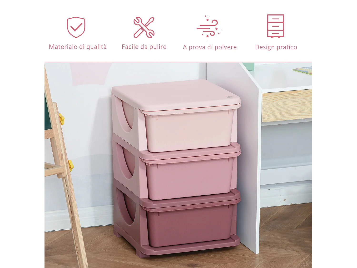 Cassettiera in plastica colorata 3 cassetti 37x37x56.5cm rosa