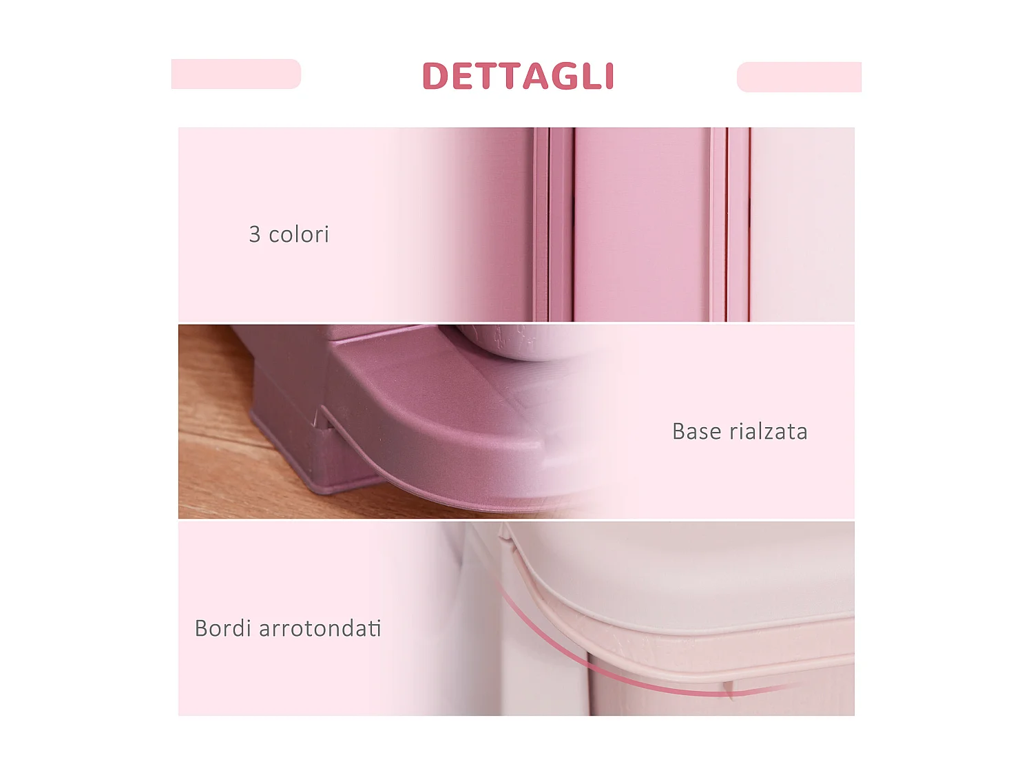 Cassettiera in plastica colorata 3 cassetti 37x37x56.5cm rosa