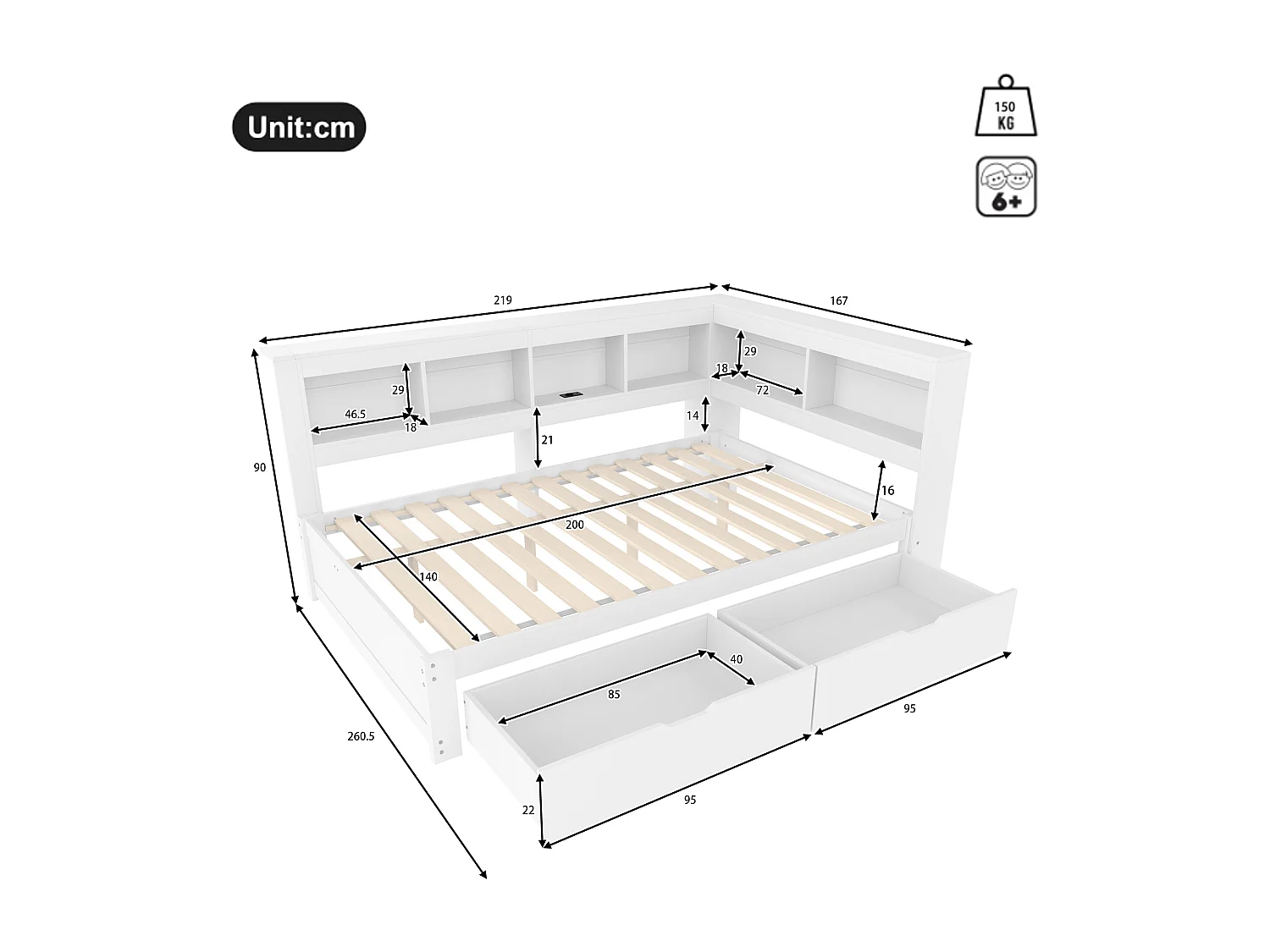 Kinderslaapbank - 140 x 200 cm - met 2 lades + 2 USB-poorten + opbergplank - spaanplaat - wit