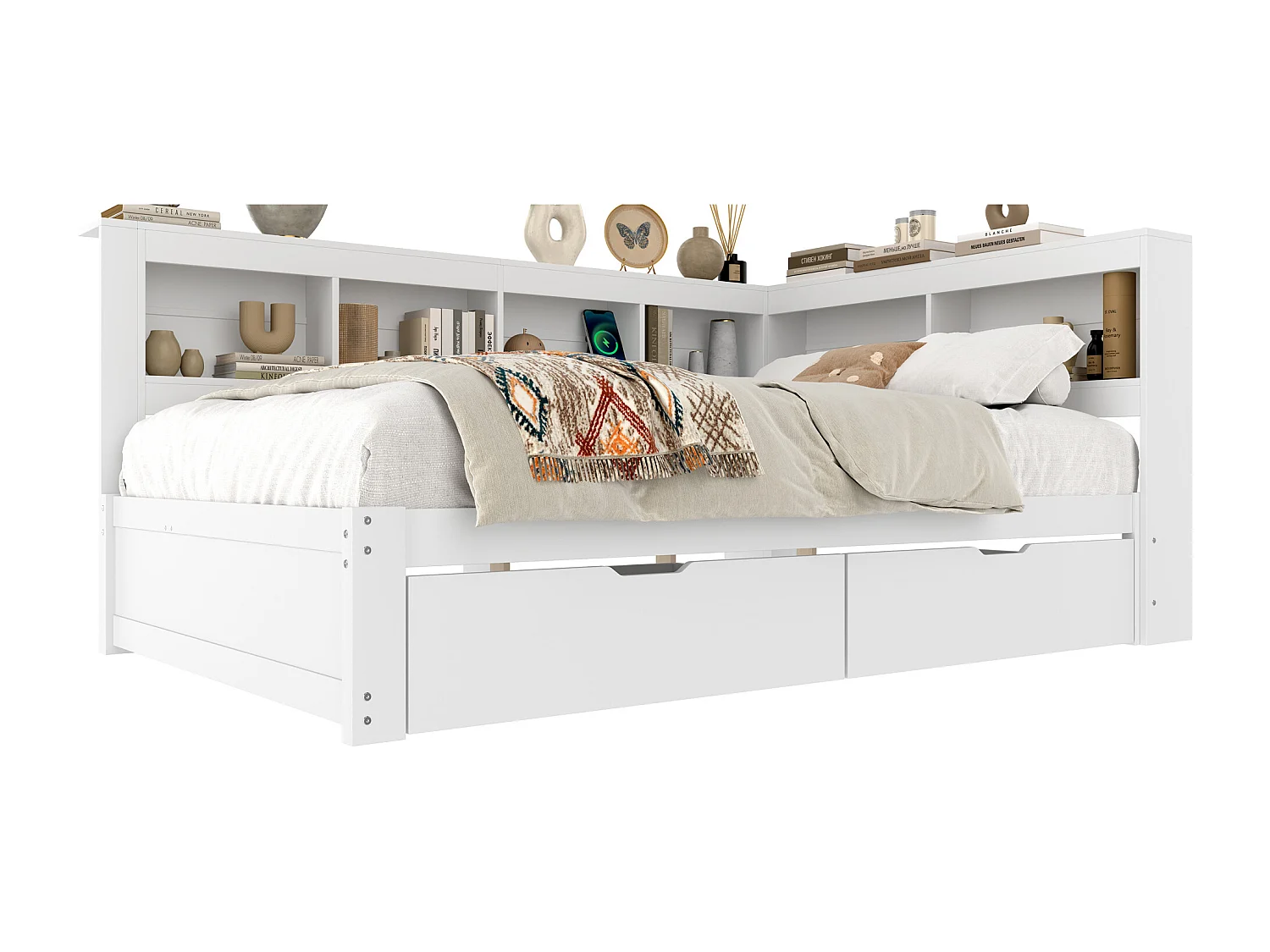 Kinderslaapbank - 140 x 200 cm - met 2 lades + 2 USB-poorten + opbergplank - spaanplaat - wit