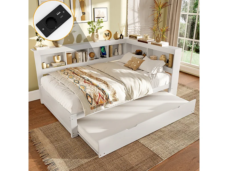 Kinderschlafsofa - 140 x 200 cm - mit Ausziehbett 90 x 190 cm + Ablageboden - Spanplatte - weiß