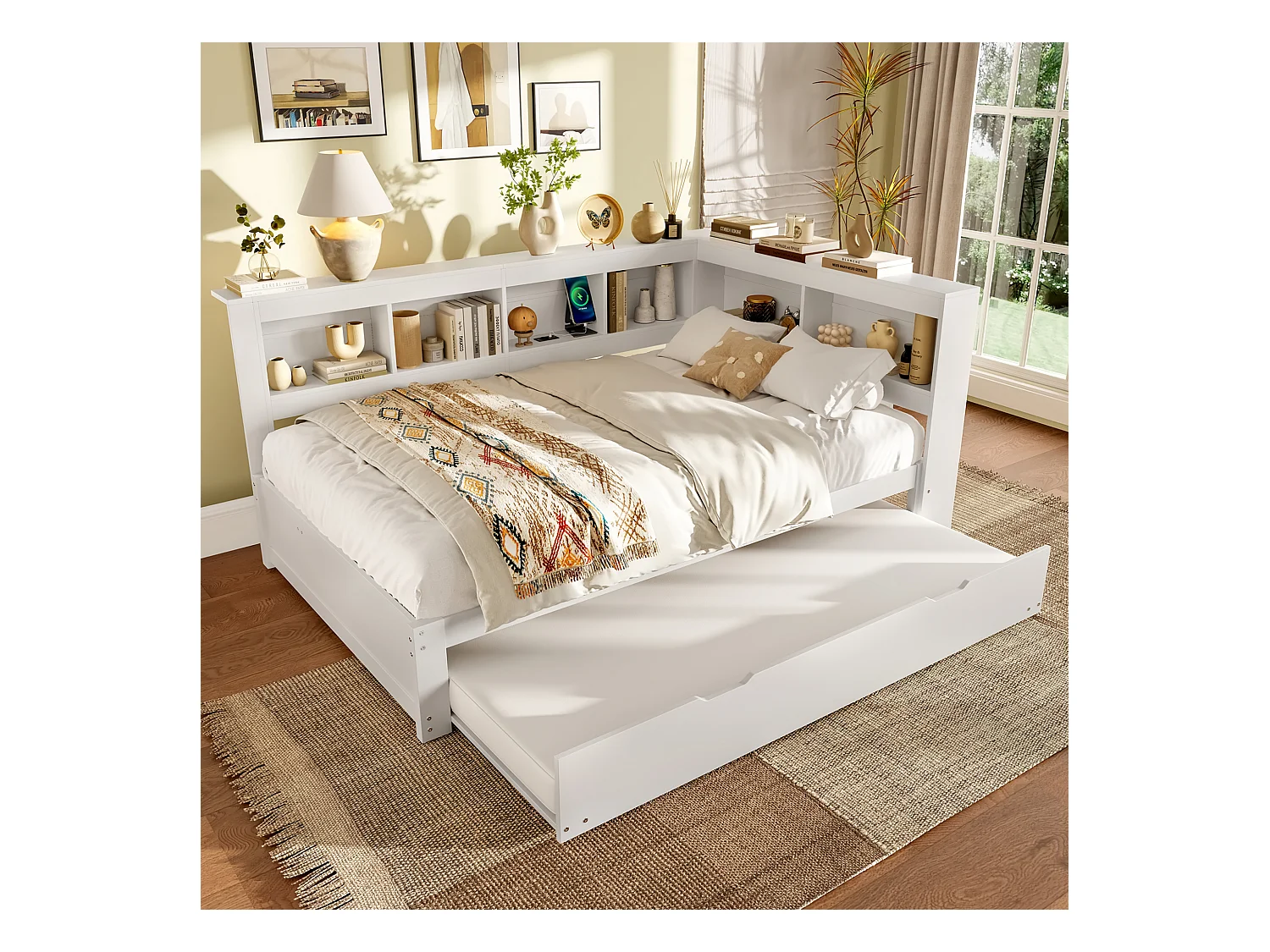 Sofá-cama infantil - 140 x 200 cm - com cama de rodízio 90 x 190 cm + prateleira de arrumação - aglomerado - branco