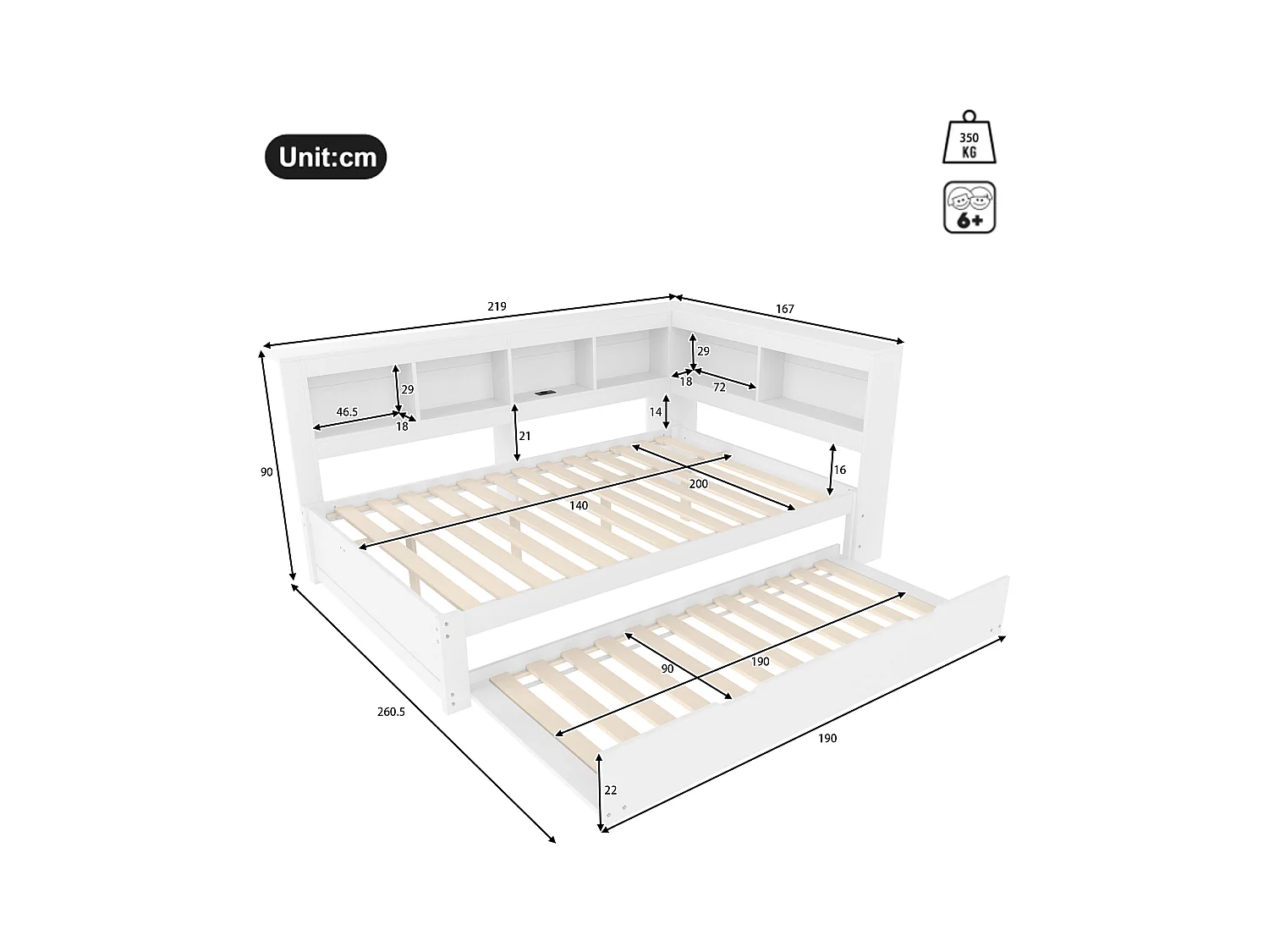 Sofá-cama infantil - 140 x 200 cm - com cama de rodízio 90 x 190 cm + prateleira de arrumação - aglomerado - branco