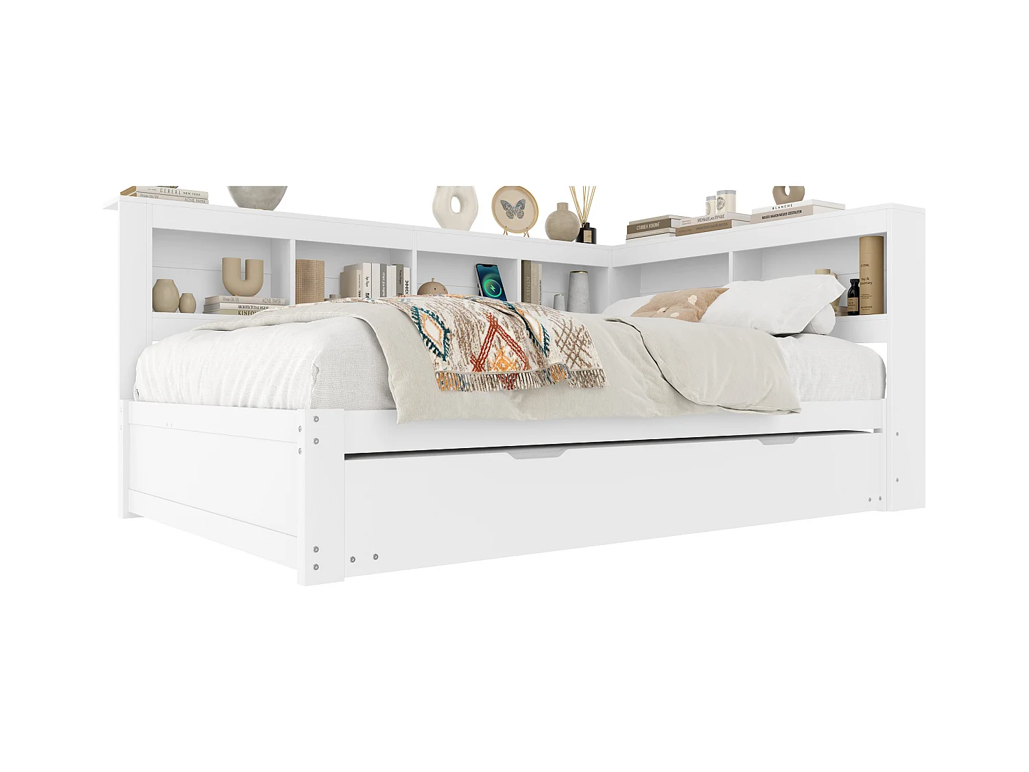 Sofá-cama infantil - 140 x 200 cm - com cama de rodízio 90 x 190 cm + prateleira de arrumação - aglomerado - branco