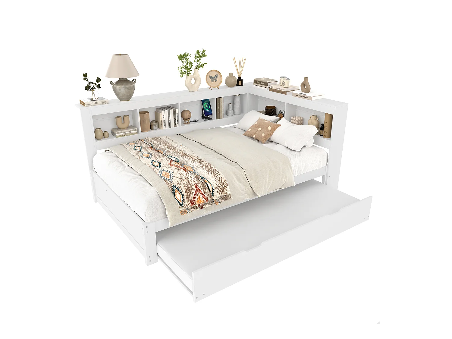 Canapé-lit enfant - 140 x 200 cm - avec lit gigogne 90 x 190 cm + étagère de rangement - aggloméré - blanc