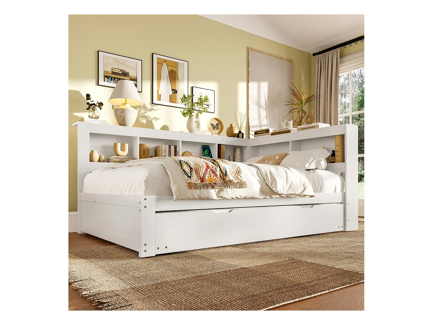 Canapé-lit enfant - 140 x 200 cm - avec lit gigogne 90 x 190 cm + étagère de rangement - aggloméré - blanc