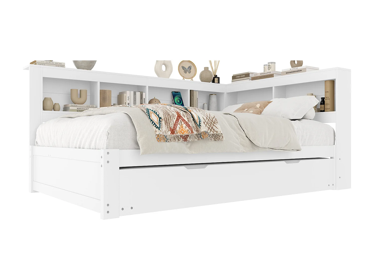 Kinderslaapbank - 140 x 200 cm - met uitschuifbed 90 x 190 cm + opbergplank - spaanplaat - wit