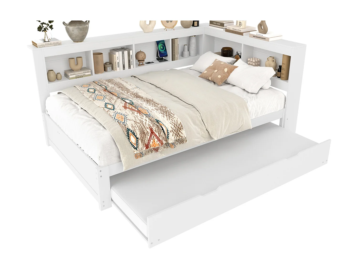 Kinderslaapbank - 140 x 200 cm - met uitschuifbed 90 x 190 cm + opbergplank - spaanplaat - wit