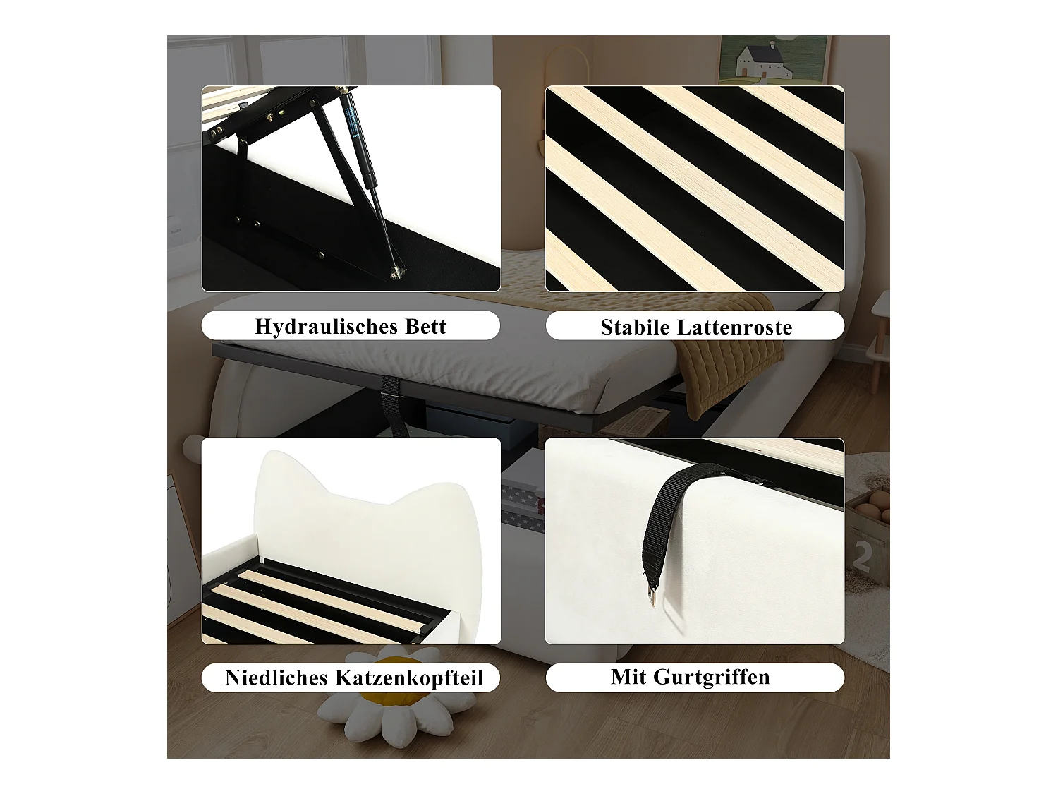 Leuke kinderslaapbank - 90 x 200 cm - hydraulische opbergruimte + lattenbodem - fluweel - beige (linkerpaneel)