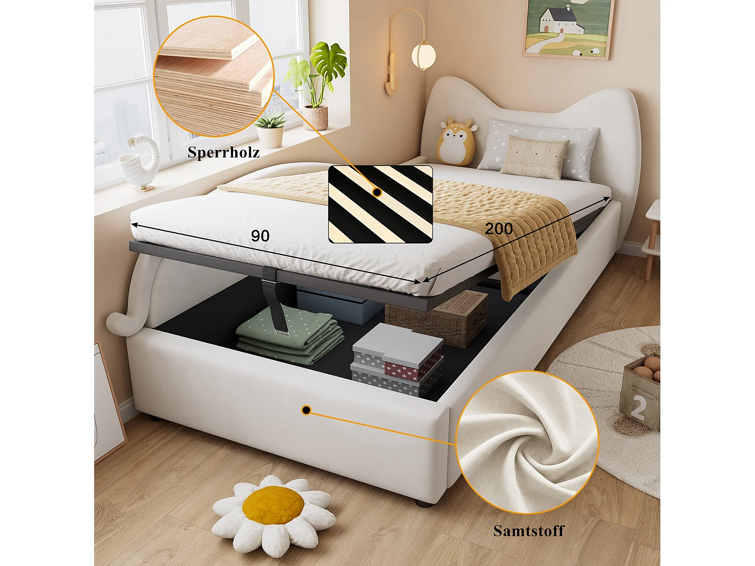 Süßes Kinderschlafsofa – 90 x 200 cm – hydraulischer Stauraum + Lattenrost – Samt – Beige (linkes Panel)