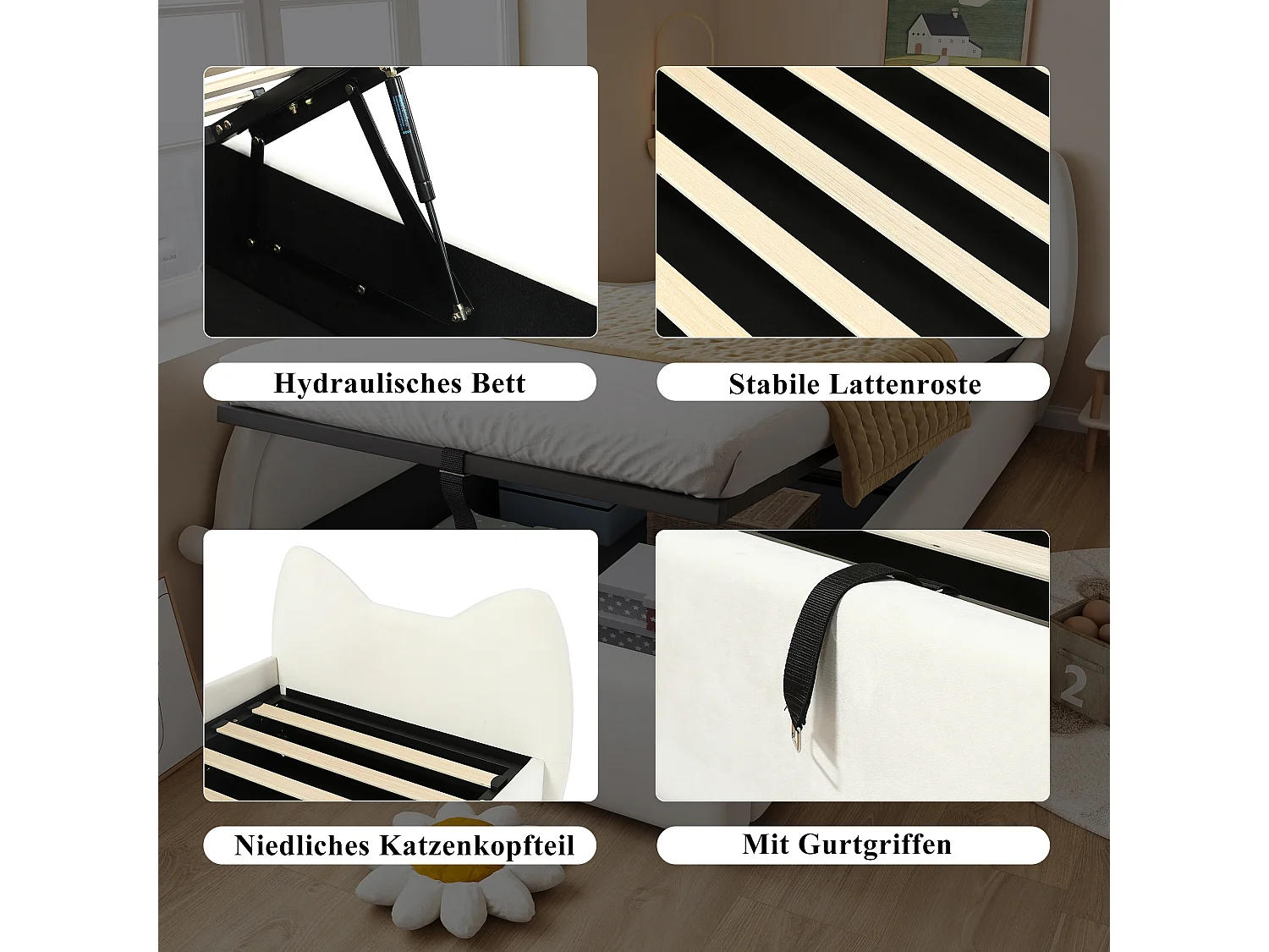 Süßes Kinderschlafsofa – 90 x 200 cm – hydraulischer Stauraum + Lattenrost – Samt – Beige (linkes Panel)